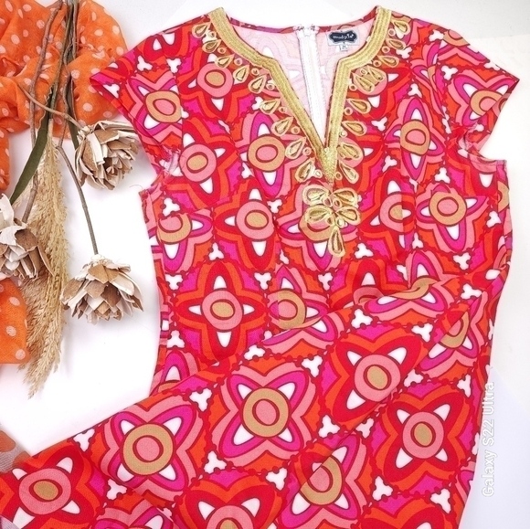 Mudpie Red Gold Embroidered Dress Sz M - Picture 5 of 16